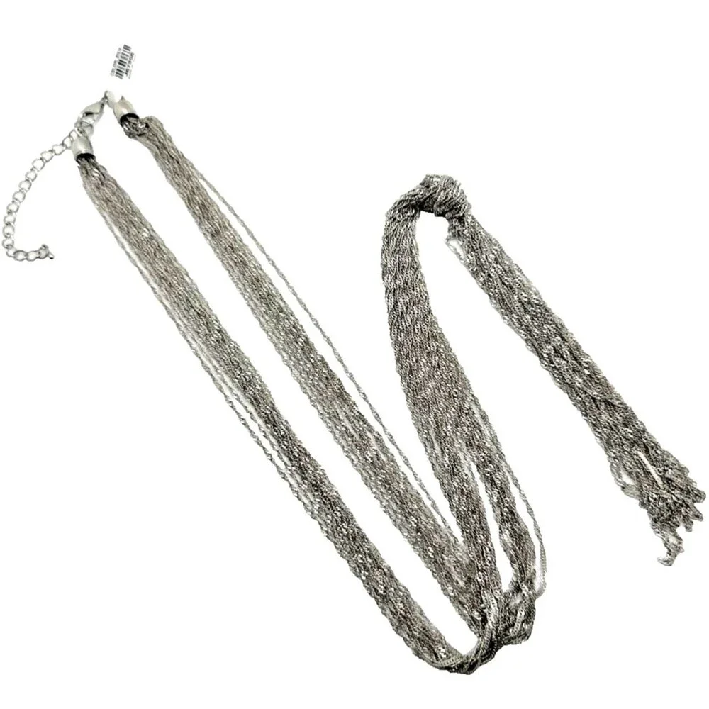 NWT New Lariat Multi Strand Chain Knot Tassel Necklace Silver Tone NOS 23.5”